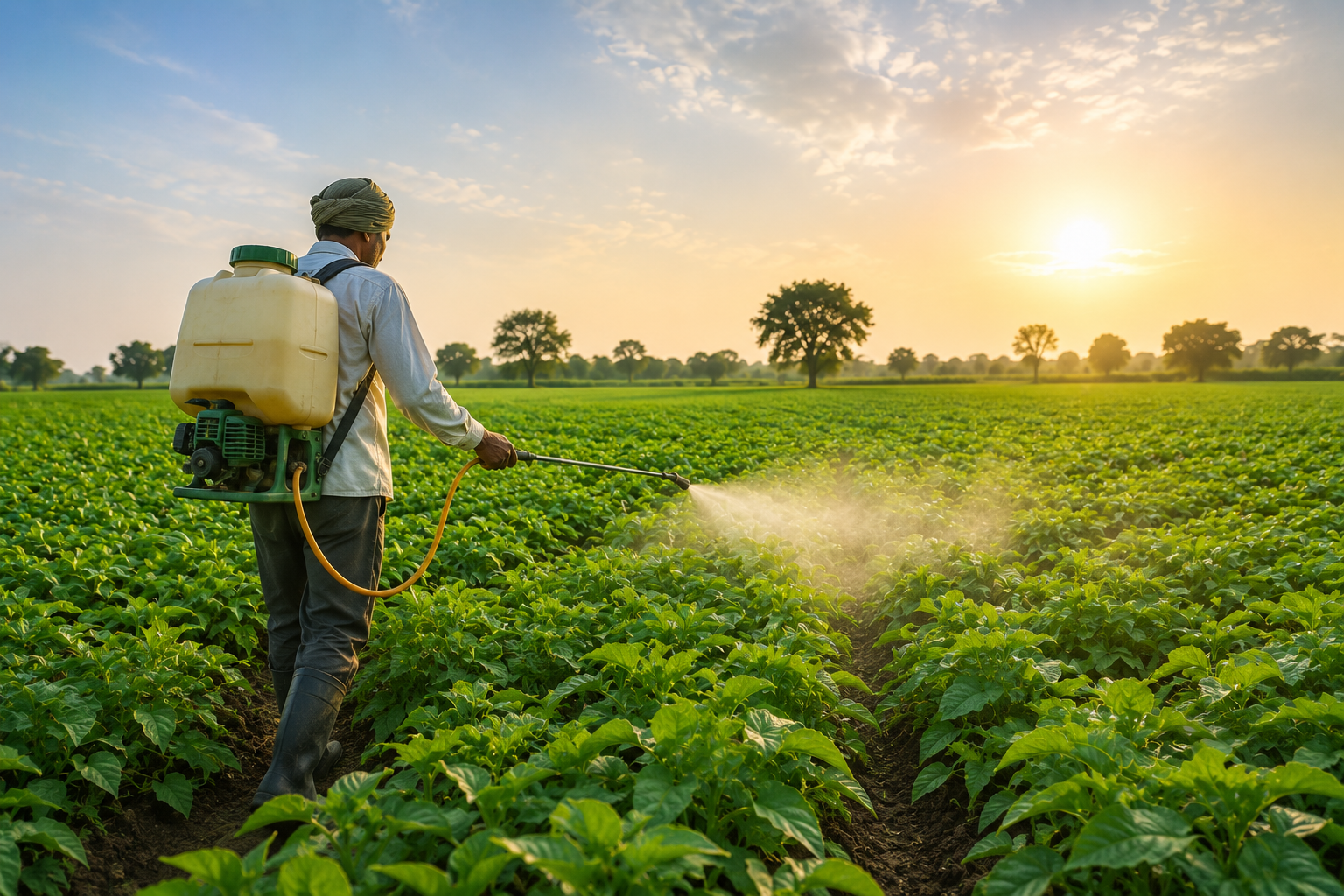 Young crop plants in a tilled field at sunrise