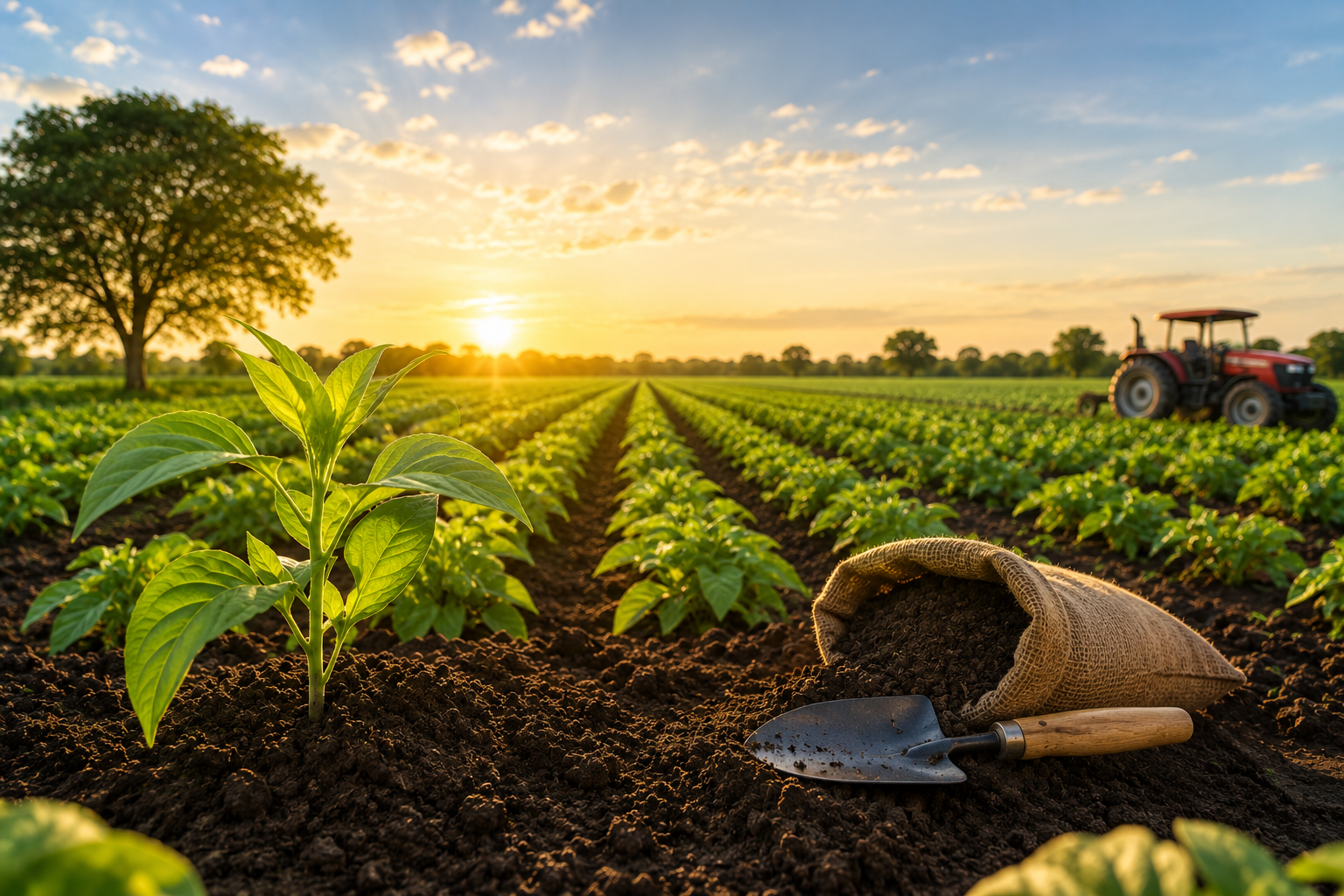 Farmer spraying crops in the field at golden hour
